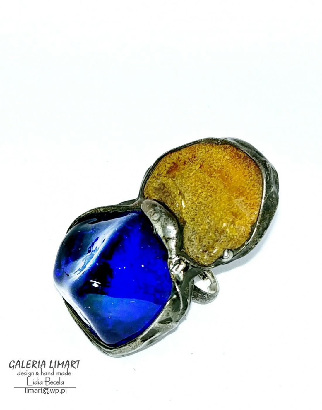 Kobaltowe szkło i bursztyn wielki unikatowy pierścionek dla kochającej wielkie pierścienie handmade