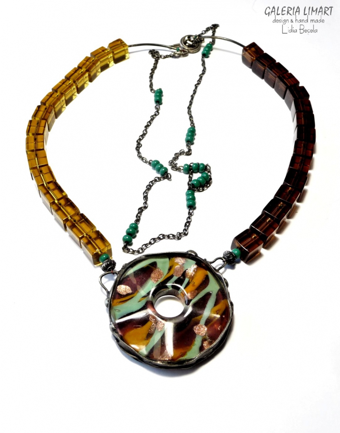 Moja nieco zwariowana kompozycja naszyjnika w duchu modnej biżuterii Boho, szkło weneckie, handmade